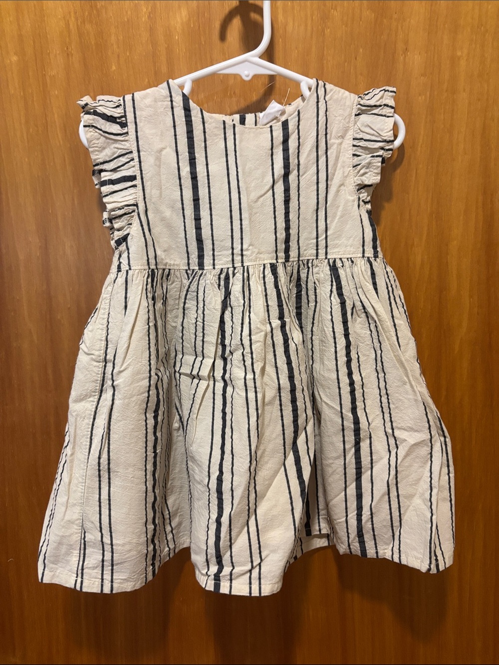 Girls Cream and Black Striped Cotton Dress with Ruffle Cap Sleeves
